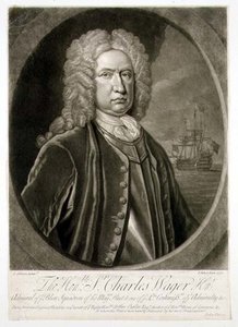 Portret van Sir Charles Wager, Admiraal van het Blauwe Eskader, gegraveerd door John Faber door Thomas (after) Gibson