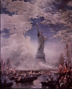 Onthulling van het Vrijheidsbeeld in de haven van New York, 28 oktober 1886 (kleur litho)