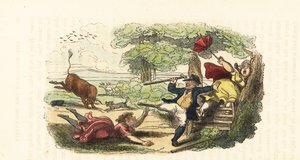 Een familie van botanici aangevallen door een stormende stier in een veld, 1831 (gravure)
