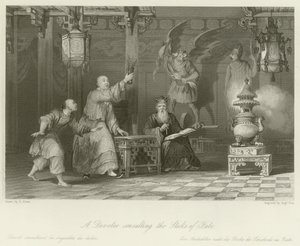 Een toegewijde raadpleegt de Stokken van het Lot door Thomas Allom