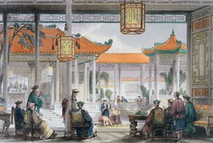 Goochelaars in de hof van een mandarijnenpaleis, China door Thomas Allom