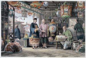 Showroom van een Lantaarnhandelaar in Peking, China, 1843