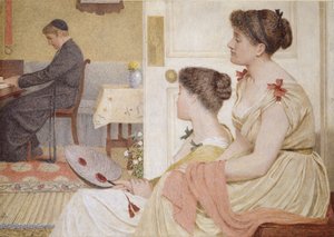 Salon scène met een jonge priester aan de piano, eind 19e eeuw