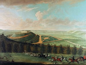 Uitzicht op Belvoir Castle vanuit het zuidwesten, met Belvoir Hunt in volle vaart, 1730 door Thomas Badeslade