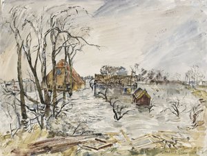Walcheren eiland (Nederland) overstroomd. Schilderij door Thomas Hennel (1903-1945), aquarel 1944
