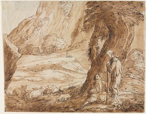 Landschap met schapen en twee herders door Thomas Barker