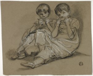 Twee meisjes spelen op kammen (recto); Schets van zittende vrouw met fragment van een andere figuur (verso) door Thomas Barker