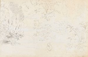 Een studie in grafiet van de brug en bomen vanuit het westen