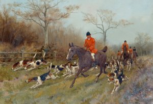 Jagers en honden in een bebost landschap