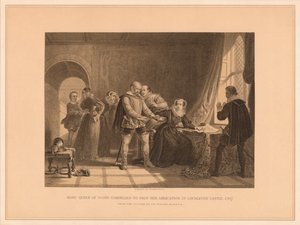 Mary Queen of Scots gedwongen haar troonsafstand te ondertekenen in Lochleven Castle door Thomas Brown