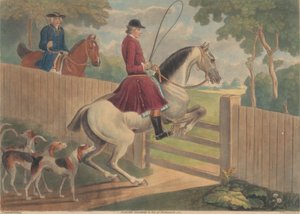 Jacht [twee van een set van twaalf]: 7. [Een ruiter die een paard naar een hek leidt] door Thomas Burford
