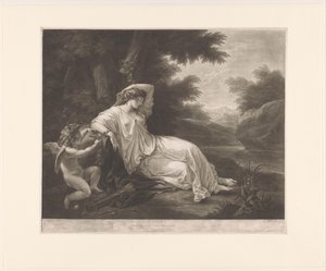 Cupido bindt de slapende Aglaia vast aan een boom door Thomas Burke
