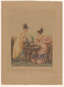Schilderende vrouw achter een tafel Morning (titel op object) door Thomas Busby