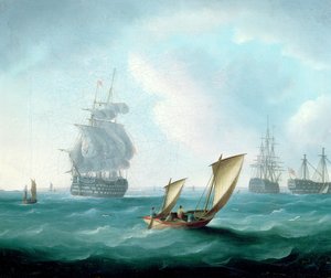 Britse oorlogsschepen en een Hulk in een deining, een zeilboot op de voorgrond