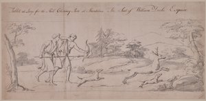 Twee figuren in klassieke kostuums die een hert jagen door Thomas Carter