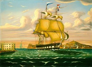 Pakketboot passeert Castle Williams, haven van New York door Thomas Chambers