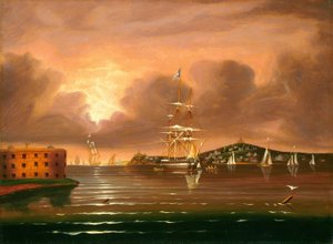Dreigende lucht, baai van New York door Thomas Chambers