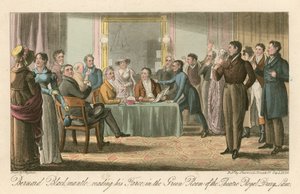 Bernard Blackmantle, die zijn Klucht Leest in de Groene Kamer van het Theatre Royal, Drury Lane, Londen door Thomas Charles Wageman