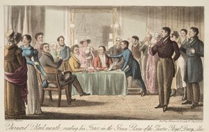 Bernard Blackmantle leest zijn klucht in de Groene Kamer van Covent Garden Theatre, uit The English Spy, uitgegeven 1824 door Thomas Charles Wageman