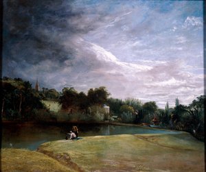 Jongens vissen in een reservoir bij Hampstead door Thomas Christopher Hofland