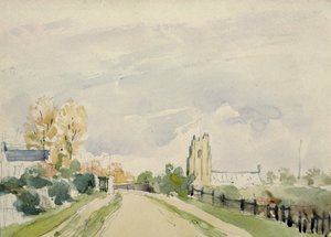 Suffolk landschap, een brede weg met een klein huis, een kerk en bomen
