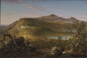 Gezicht op de twee meren en Mountain House, Catskill Mountains, ochtend door Thomas Cole