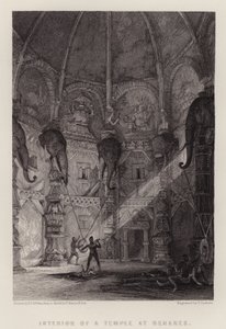 Interieur van een Tempel in Benares (kleur litho)