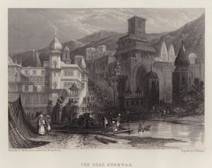 De Ghat, Hurdwar (kleur litho) door Thomas Colman (after) Dibdin