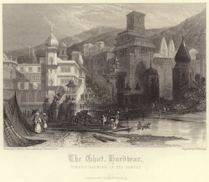 De Ghat in Hurdwar met hindoes die baden in de Ganges