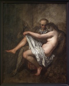 Baudelaire en president Sabatier. Een intiem en onvoltooid schilderij dat de dichter Charles Baudelaire (1821-1867) en zijn muze minnares Apollonie Aglae Sabatier (1822-1889) toont, bekend als de president die een werelds salon in het 19e-eeuwse Parijs org door Thomas Couture