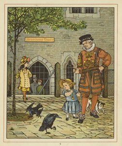 Een jong meisje staat nerveus naast een Yeoman van de Garde
