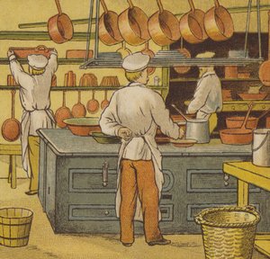 Caen: de hotelkeuken (kleur litho) door Thomas Crane