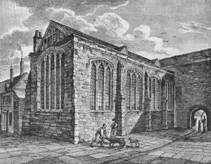 Noordoostelijk uitzicht op de Kapel van de Heilige Drie-eenheid, Leadenhall, Londen, ca. 1825