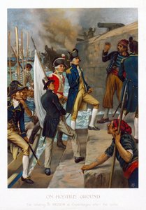 In een vijandig land. De landing van Horatio Nelson (1758-1805) in Kopenhagen (Denemarken), na de slag (1801). Chromolithografie, circa 1897, door Thomas Davidson (actief 1863-1903).