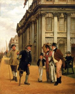 Het verhaal van de bewoners, voor het King Charles court gebouw bij Greenwich Hospital, een bewoner met een houten been, gekleed in het reglementaire uniform, spreekt met een bezoekend paar en hun zoon, om hen heen, twee andere bewoners door Thomas Davidson