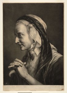 Oude vrouw leunend op een kruk door Thomas Frye