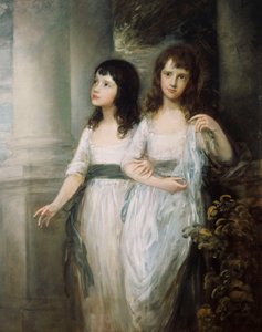 Een groepsportret van de dames Sloper, beiden bijna volledig staand in witte jurken met blauwe sjerpen door Thomas Gainsborough