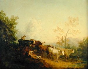 Herders die vee naar een paal drijven