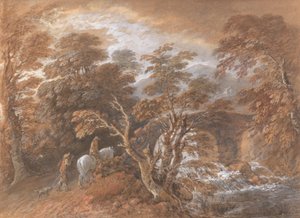 Heuvelachtig Landschap met Figuren die een Brug Naderen door Thomas Gainsborough