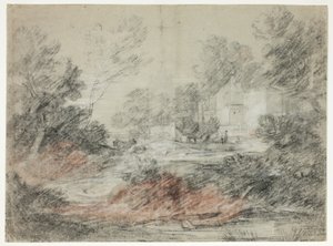Landschap met gebouwen bij een stroom