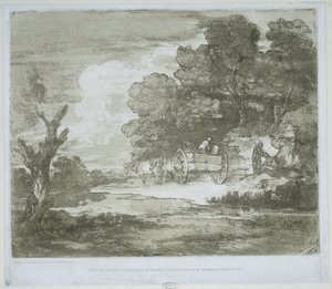 Landschap met een wagen getrokken door paarden langs een waterkant en een bosrand door Thomas Gainsborough