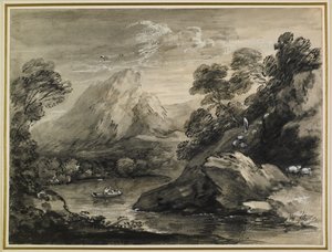 Bergachtig landschap met een boot op een meer, 1777-80