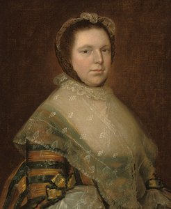 Portret van Elizabeth Prowse, halflang, in een blauwe en gouden jurk