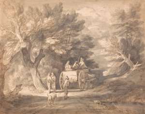 Bosrijk Landschap met Landelijke Kar en Figuren die een Pad Afwandelen