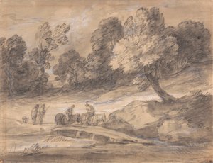 Boslandschap met ruiters die een brug oversteken door Thomas Gainsborough