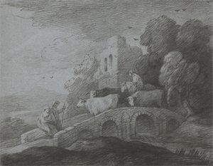 Bosrijk Landschap met Herder die Vee over een Brug Drijft, Rustieke Geliefden en Vernietigd Kasteel