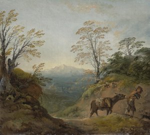 Boslandschap met een jongen die een ezel en een hond leidt, en een uitgestrekt panorama met gebouwen en verre heuvels, vroege jaren 1760