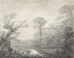 Boslandschap met herder, koeien en kerktoren door Thomas Gainsborough