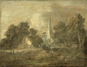 Boslandschap met dorpsscène door Thomas Gainsborough