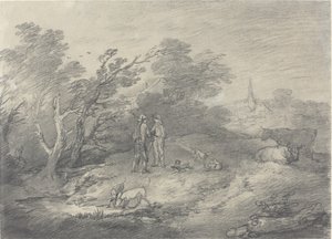 Bossen bij een dorp met konijnenvangers en hun windhonden